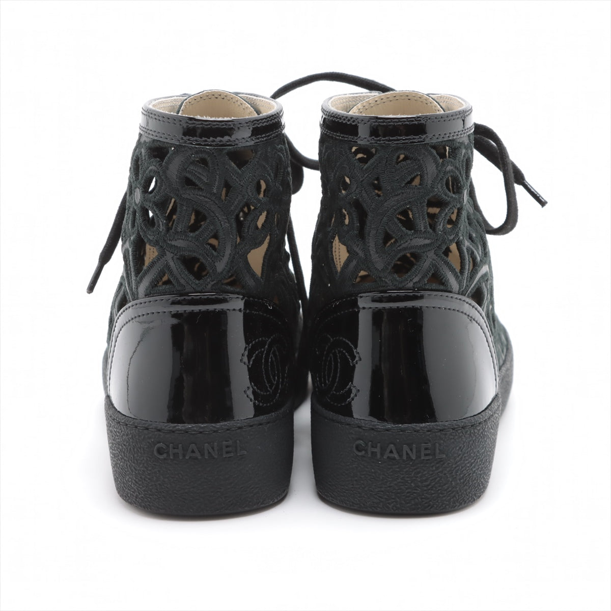 Chanel Coco Leather X Fabric High-Cut Trainers 38  Black Flower Race