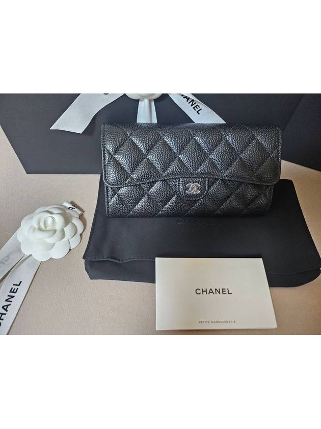 Silver Hardware Classic Caviar CC Logo Flap Long Wallet Black Chanel