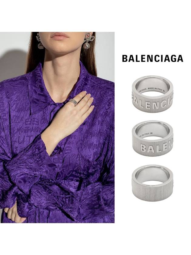 Luxury Balenciaga  Striped Logo Ring Silver