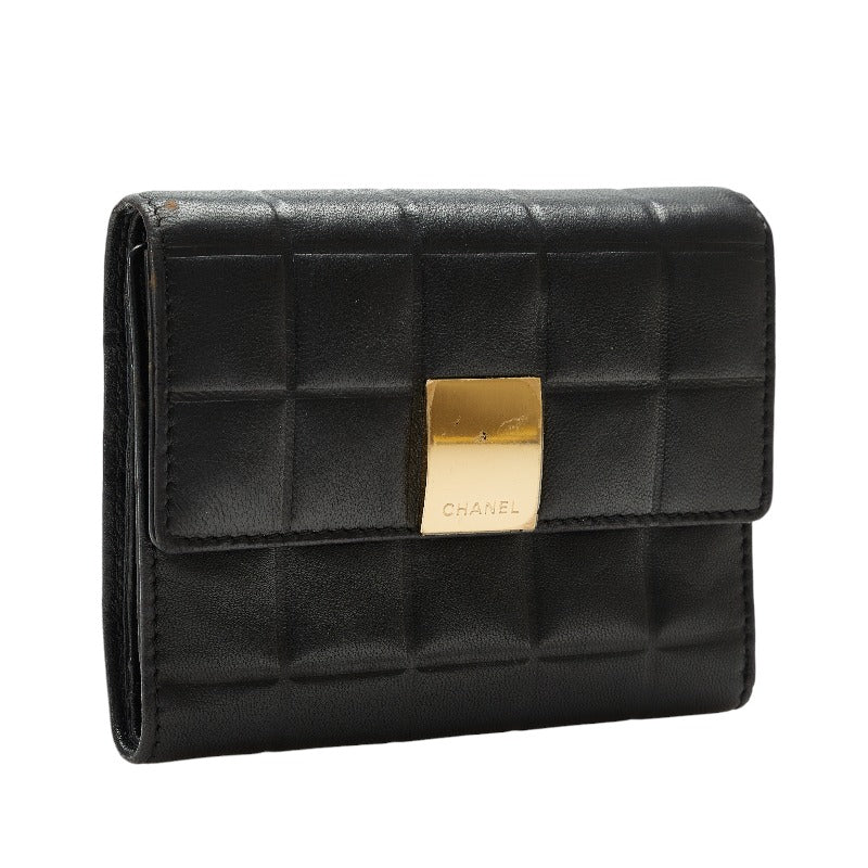 Chanel Chocolate Bar Three Folded Wallet Black Leather