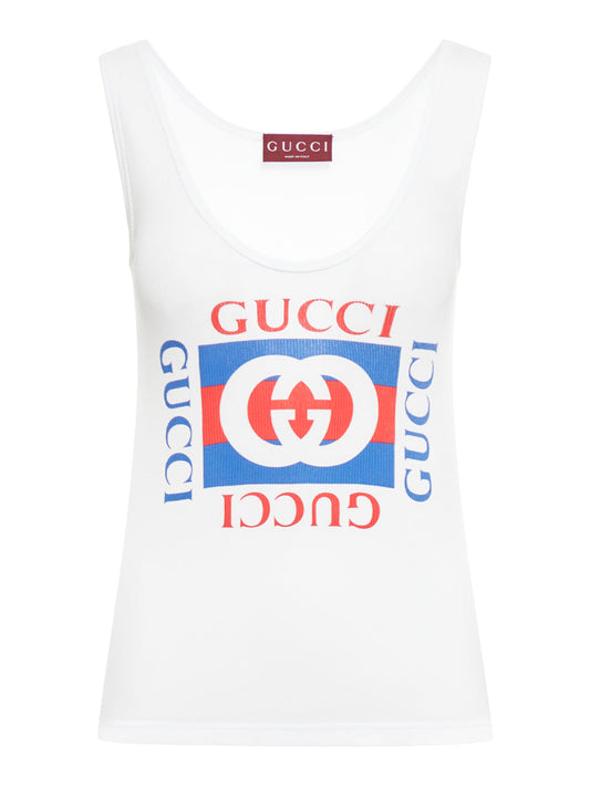 Gucci Women Ribbed Cotton Tank Top With Gucci Print