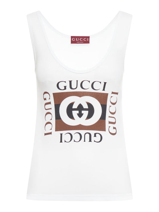 Gucci Women Ribbed Cotton Tank Top With Gucci Print