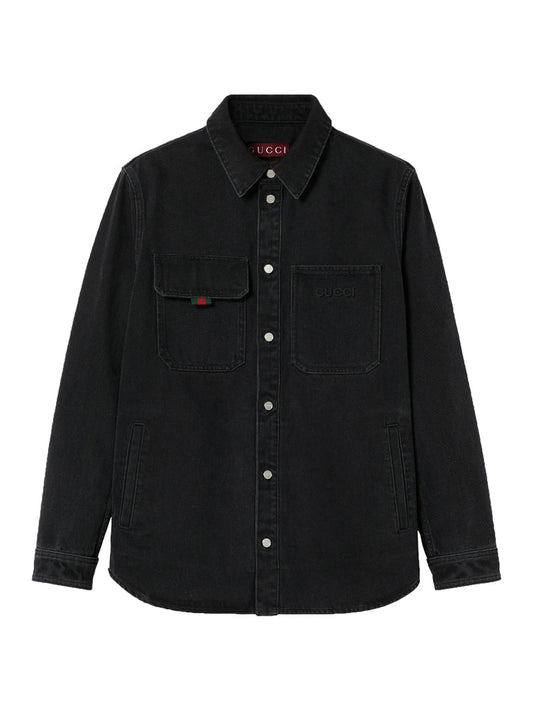 Gucci Men Denim Shirt With Gucci Embroidery