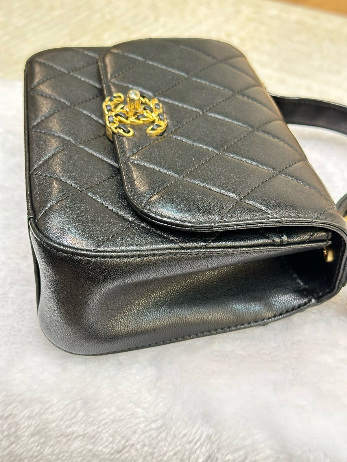 Chanel Small Lambskin Quilted Chain Infinity Top Handle Flap Black GHW