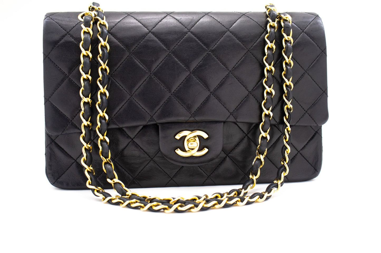 CHANEL Classic Double Flap 10" Chain Shoulder Bag Black Lambskin