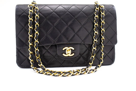 CHANEL Classic Double Flap 10" Chain Shoulder Bag Black Lambskin
