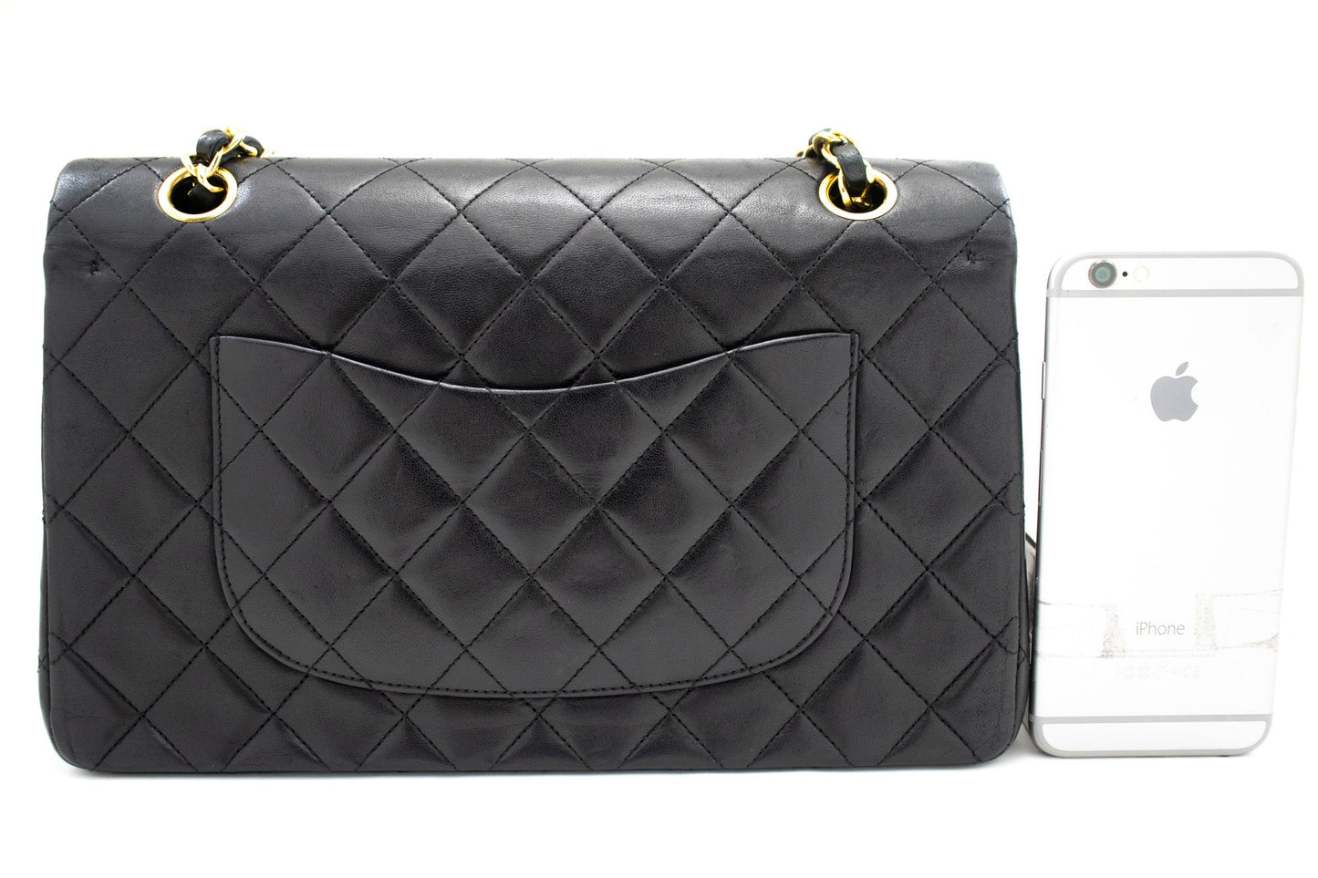 CHANEL Classic Double Flap 10" Chain Shoulder Bag Black Lambskin