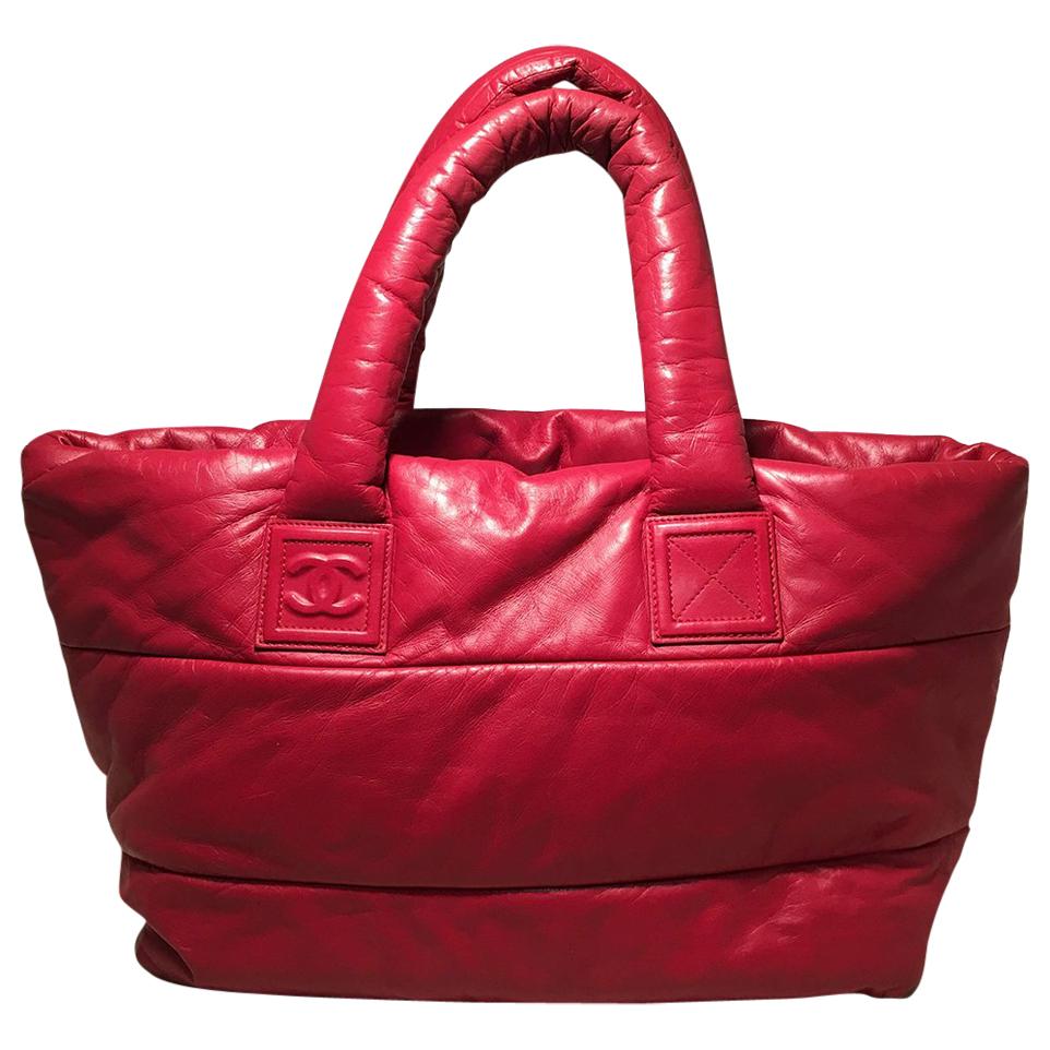CHANEL Red and Navy Puffy Leather Cocoon Tote Bag