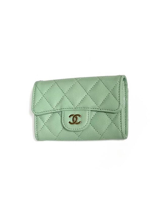 Classic Gold Logo Grained Shiny Calfskin Card Wallet Light Green Chanel