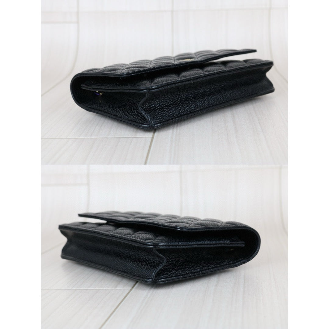 Very Good ( Rank A)｜ CHANEL Matelasse Caviar Skin Chain Wallet Black Gold Hardware Made in 2018-2019 Year ｜S25021804