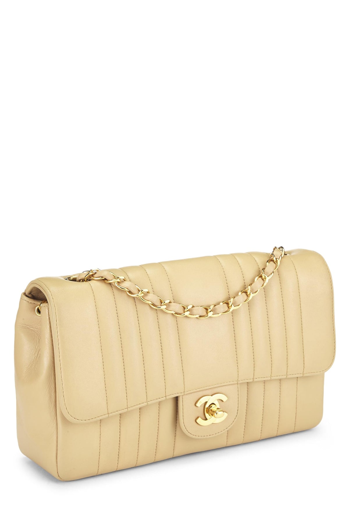 Chanel,  Beige Vertical Lambskin Half Flap Medium, Beige