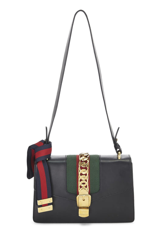 Gucci, Black Leather Web Sylvie Shoulder Small, Black