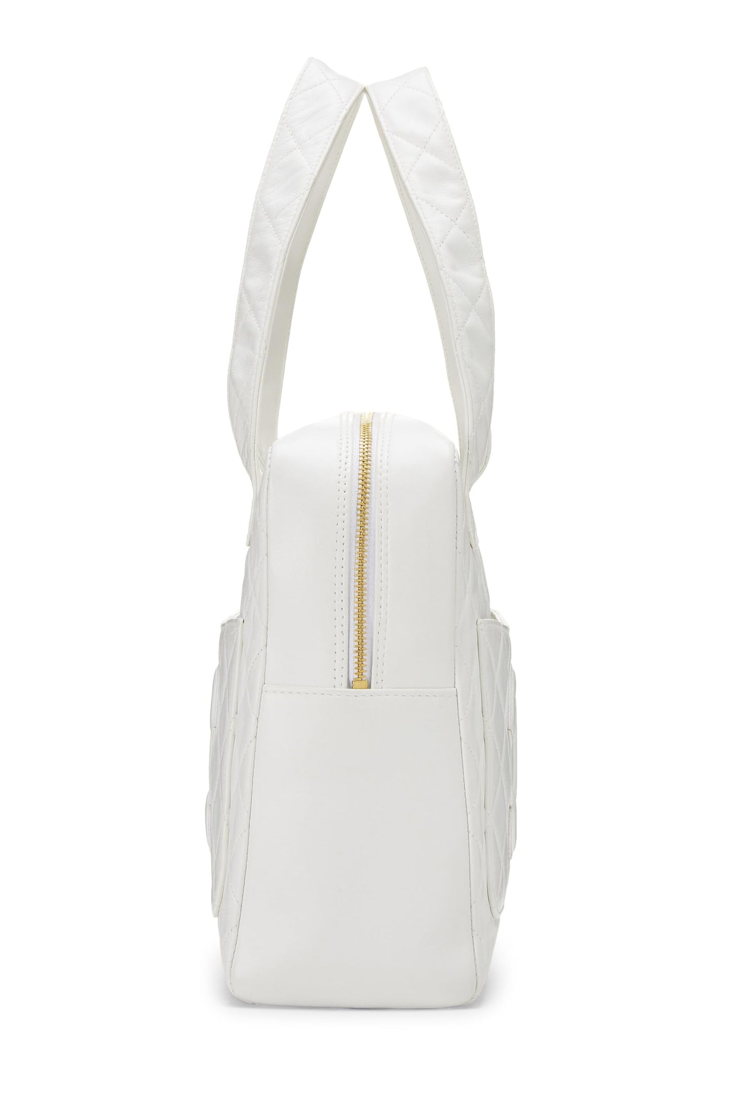 Chanel,  White Quilted Lambskin Top Handle Tote Mini, White