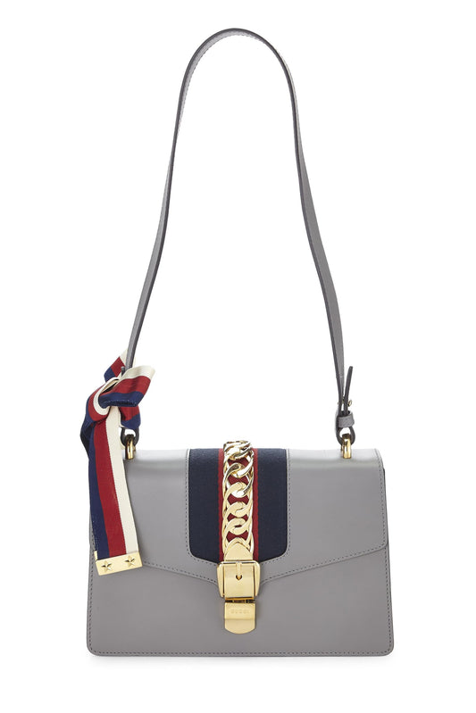 Gucci, Grey Leather Web Sylvie Shoulder Bag Small, Grey