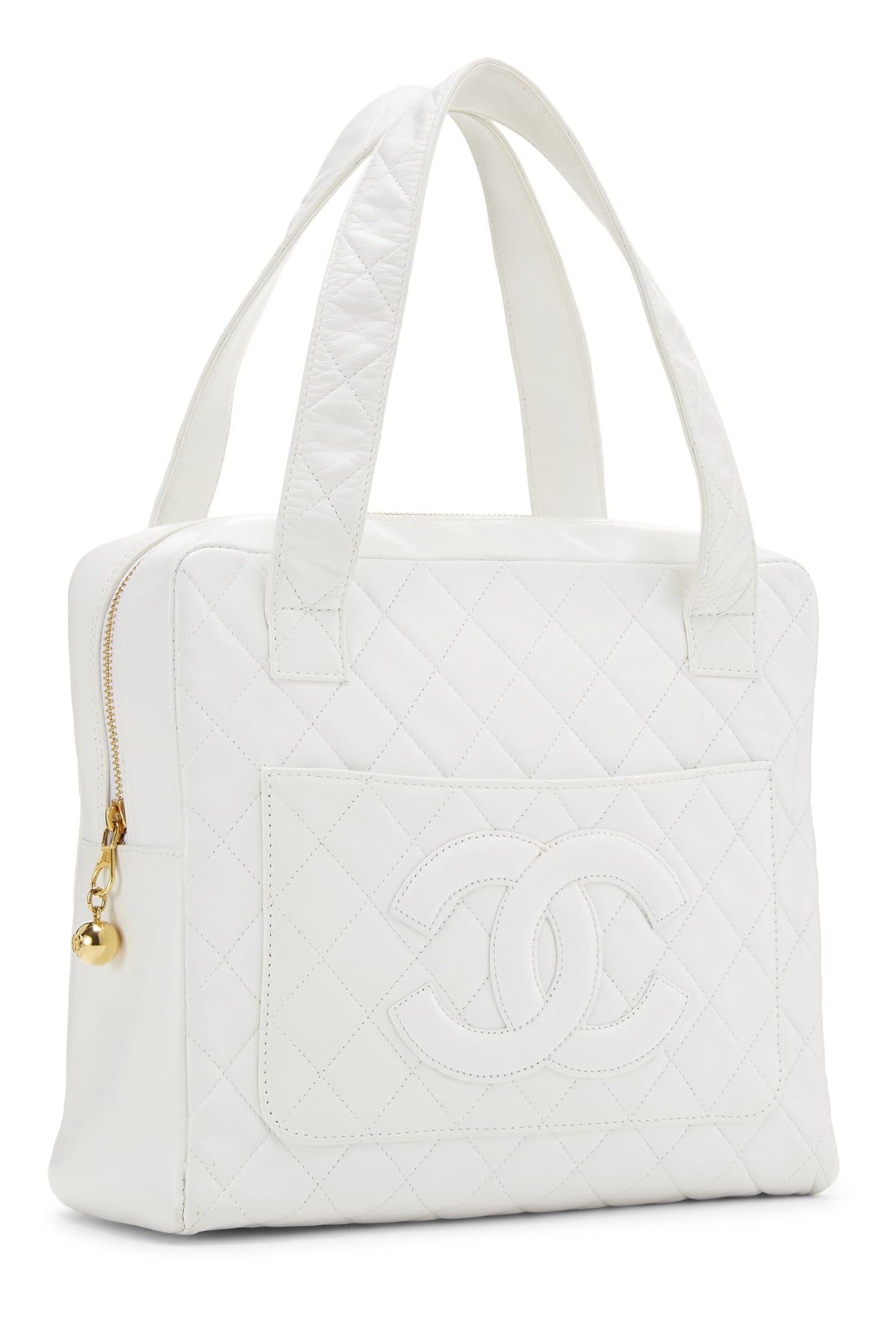 Chanel,  White Quilted Lambskin Top Handle Tote Mini, White