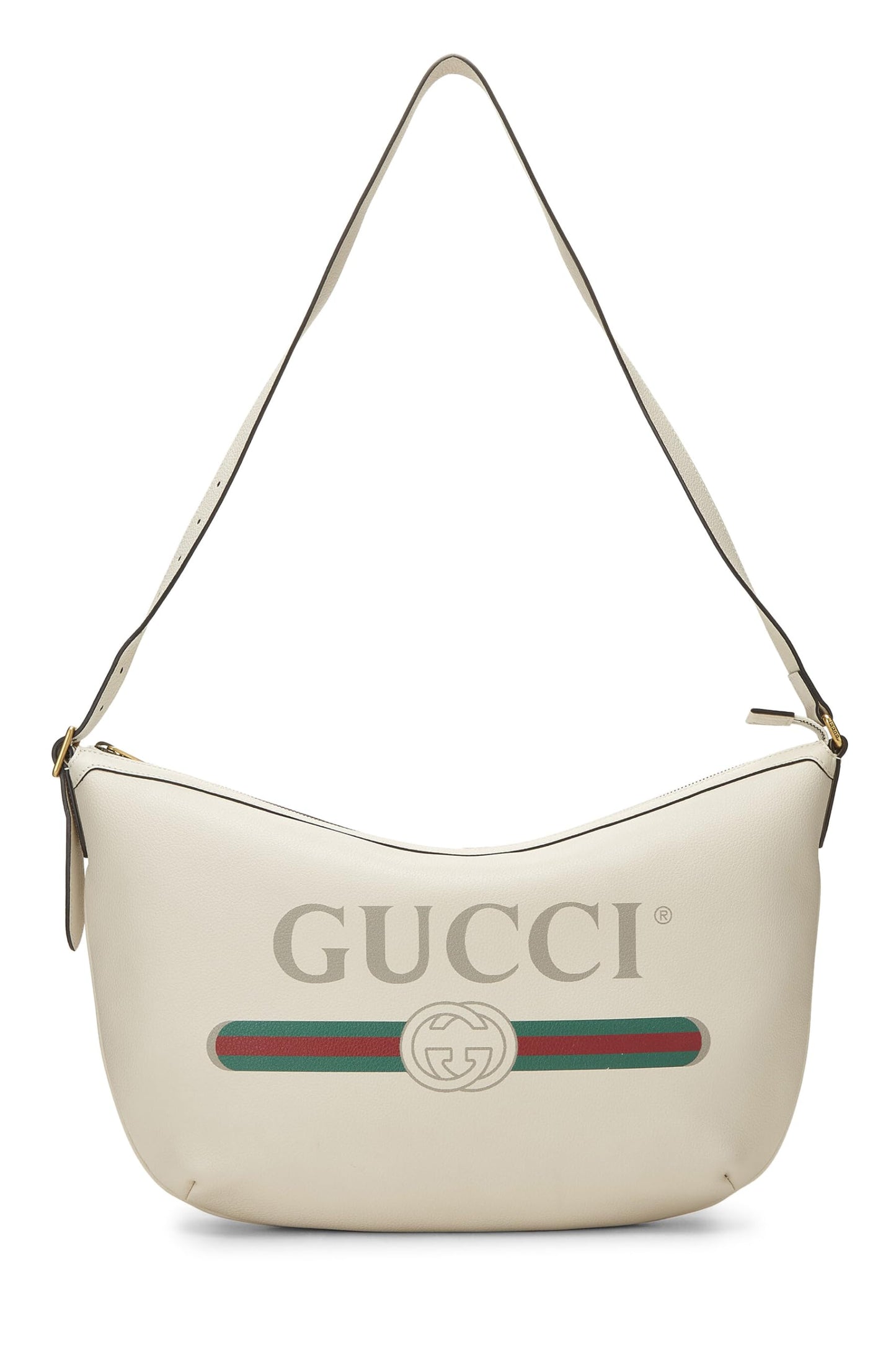 Gucci, White Leather Logo Print Half Moon Hobo, White