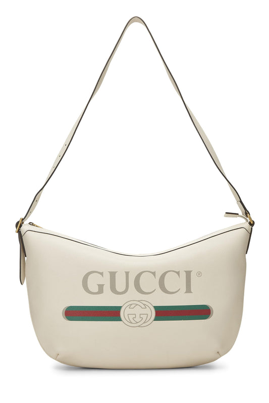 Gucci, White Leather Logo Print Half Moon Hobo, White