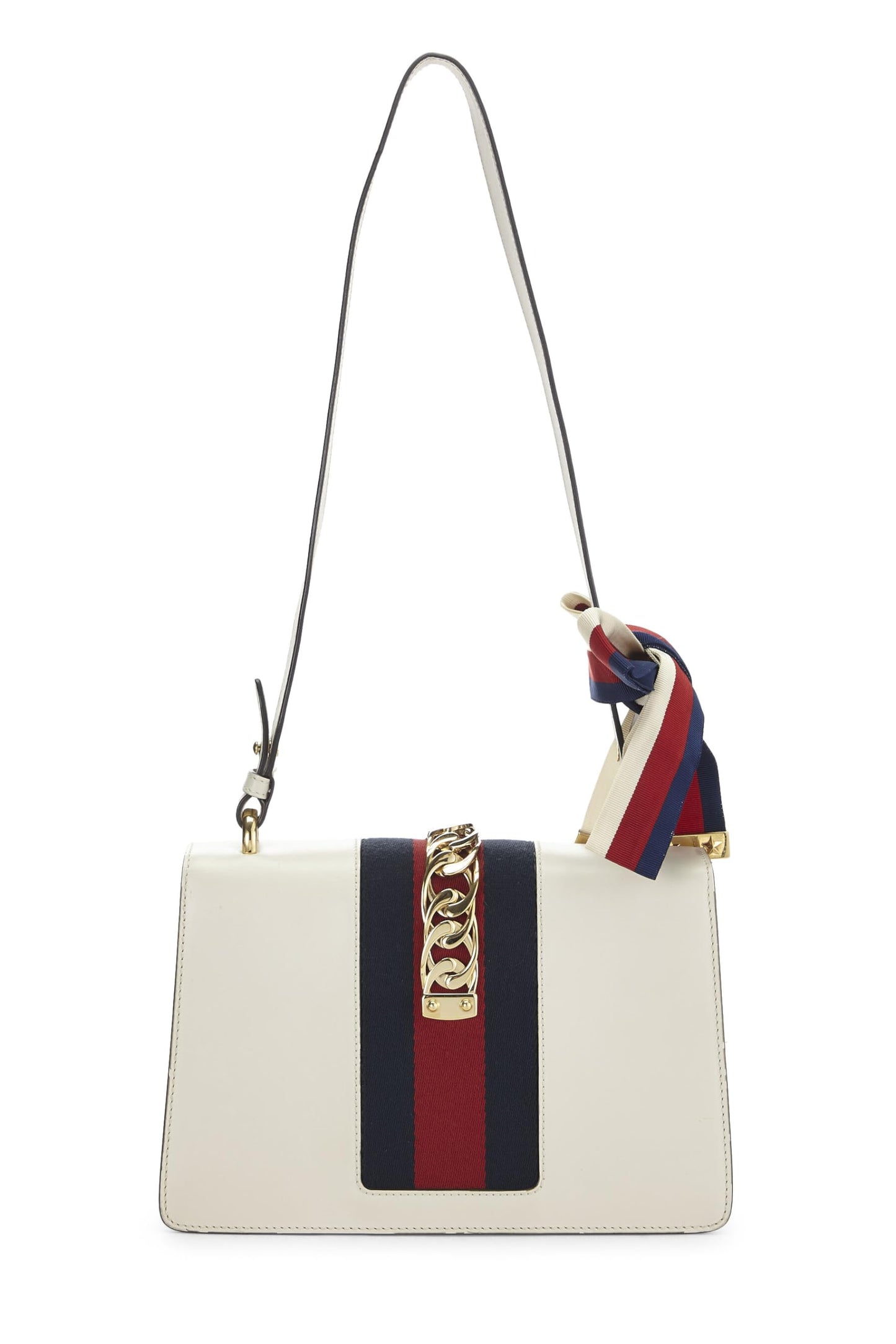 Gucci, White Leather Embroidered Sylvie Shoulder Bag Small, White