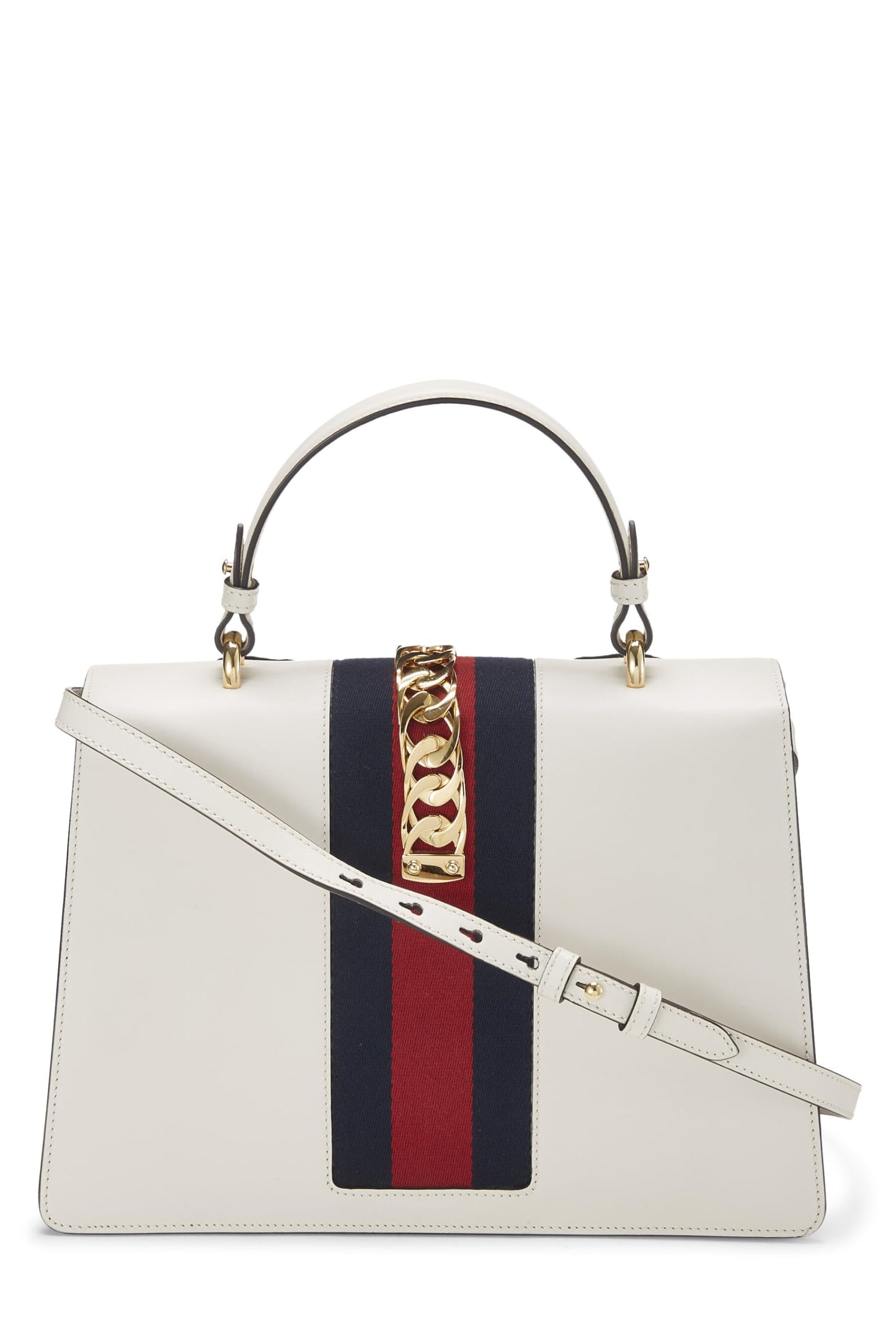 Gucci, White Leather Embroidered Sylvie Top Handle Bag Medium, White