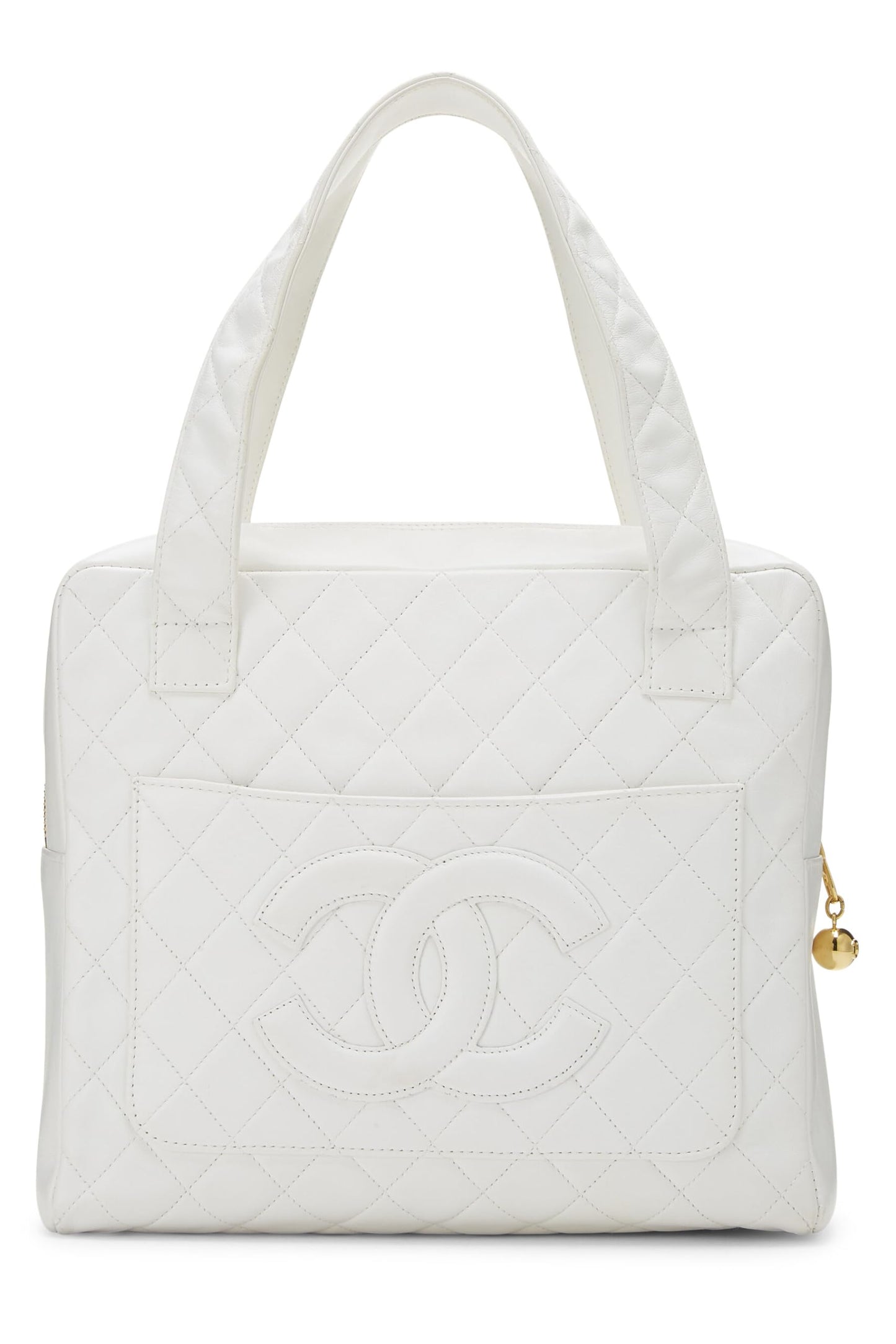 Chanel,  White Quilted Lambskin Top Handle Tote Mini, White