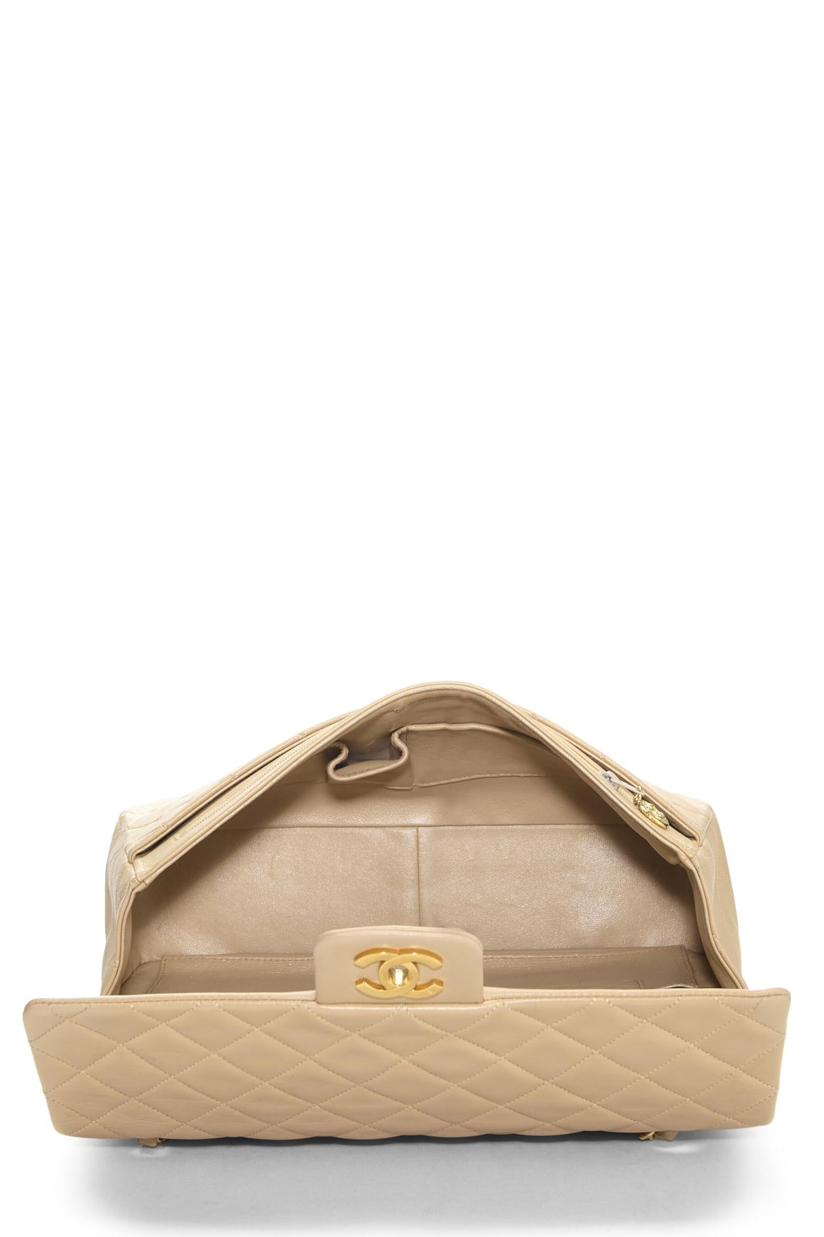 Chanel,  Beige Quilted Lambskin Half Flap Medium, Beige