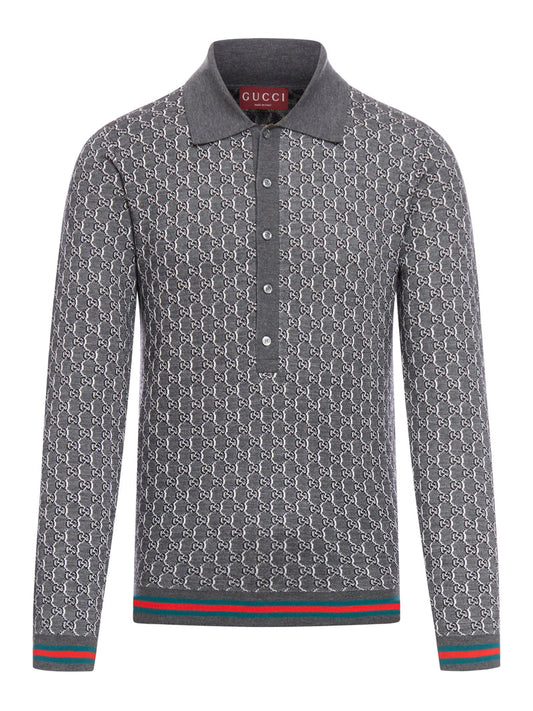 Gucci Men Silk And Wool Polo Shirt With Gg Shadow