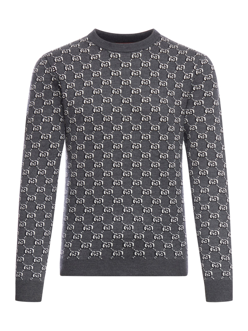 Gucci Men Wool Jacquard Sweater With Gg Shadow