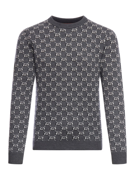Gucci Men Wool Jacquard Sweater With Gg Shadow