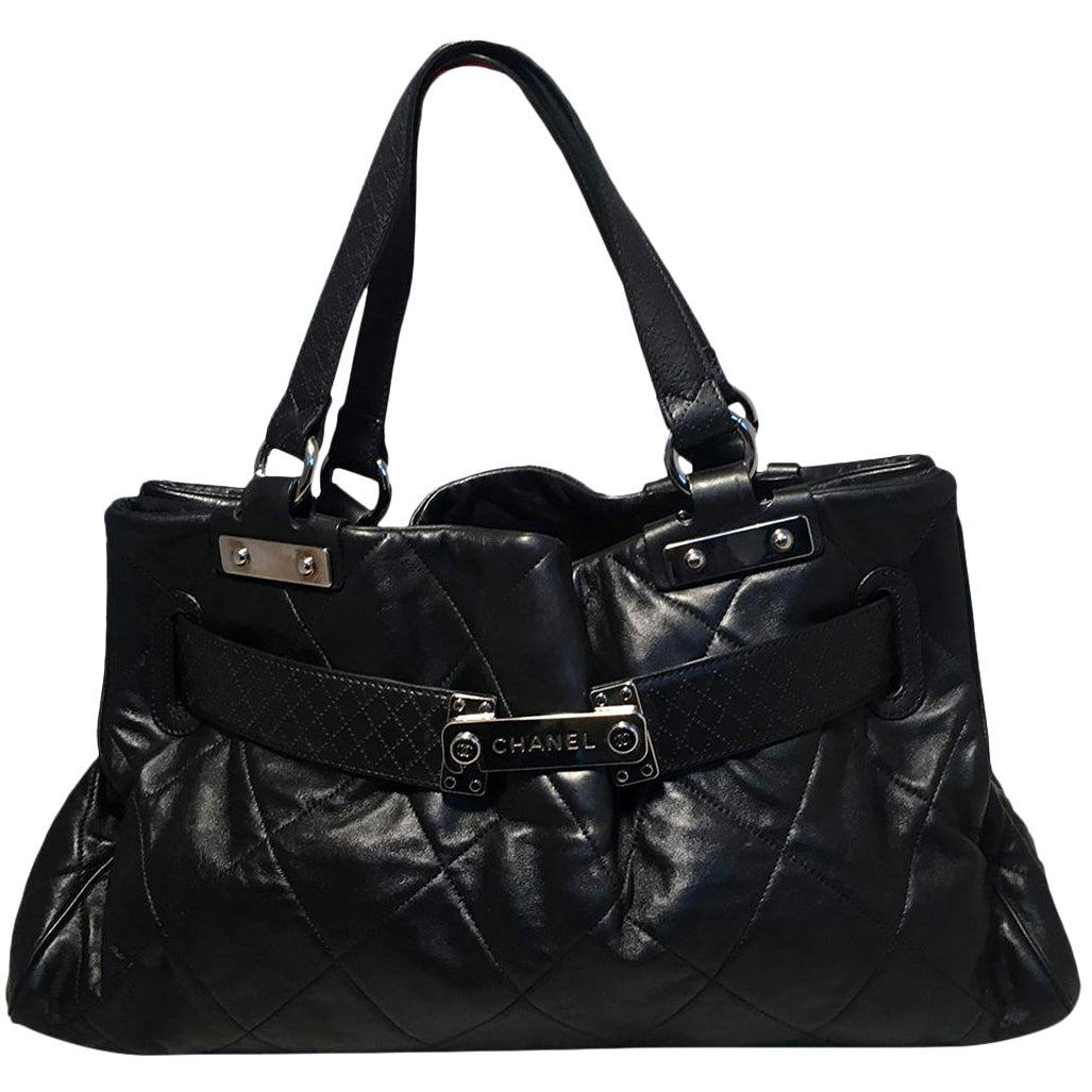 CHANEL Quilted Black Leather Latch Front Tote Bag