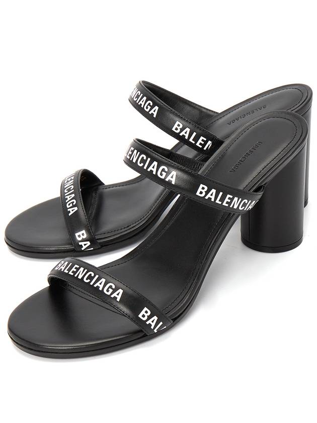 Luxury Balenciaga  WoMen's Leather Logo Round Sandal Heels Black