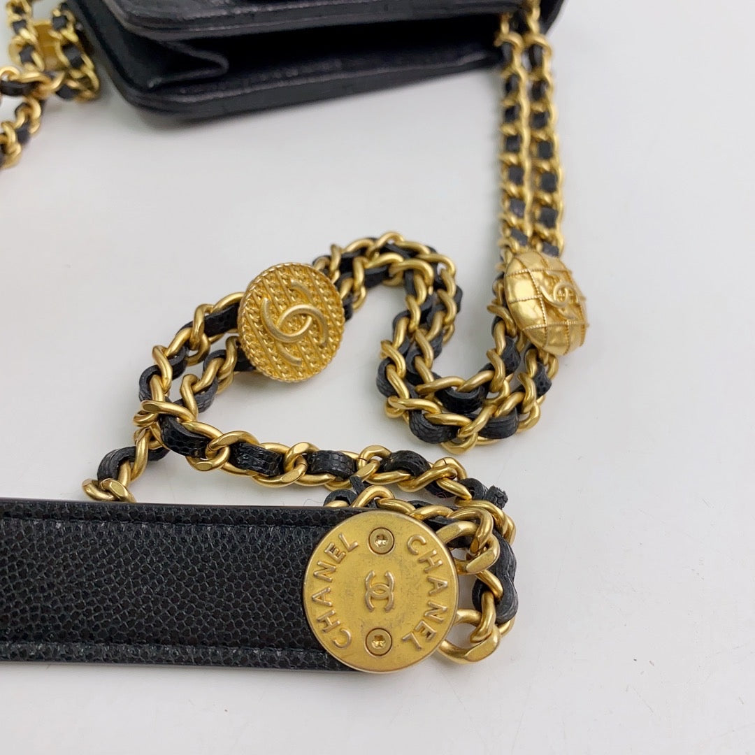 Rank A｜ CHANEL Matelasse Caviar Skin COCO Mark Coins Chain Wallet Black Gold Hardware ｜2302239