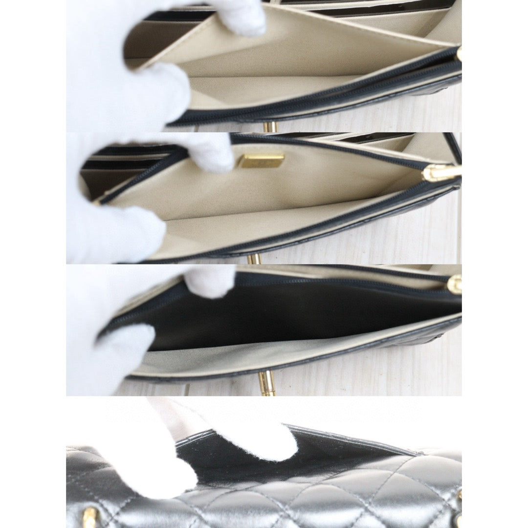 Good ( Rank AB)｜ CHANEL Matelasse Lamb Skin Chain Wallet Black Gold Hardware IC Chips Model ｜P25031402