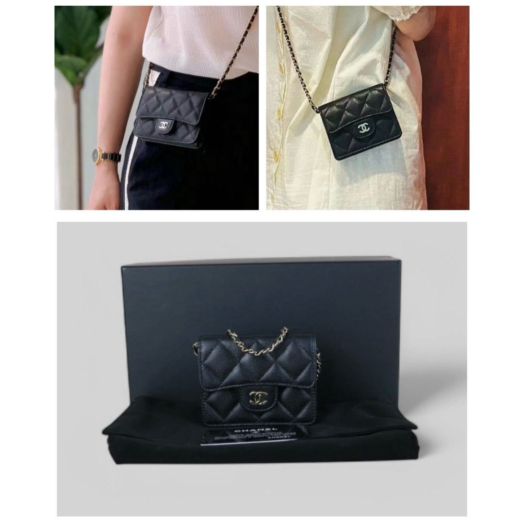 Excellent（Rank SA）｜ CHANEL Matelasse Caviar Skin Chain Mini WOC Black  Made in 2021-2022 Year ｜S25030701