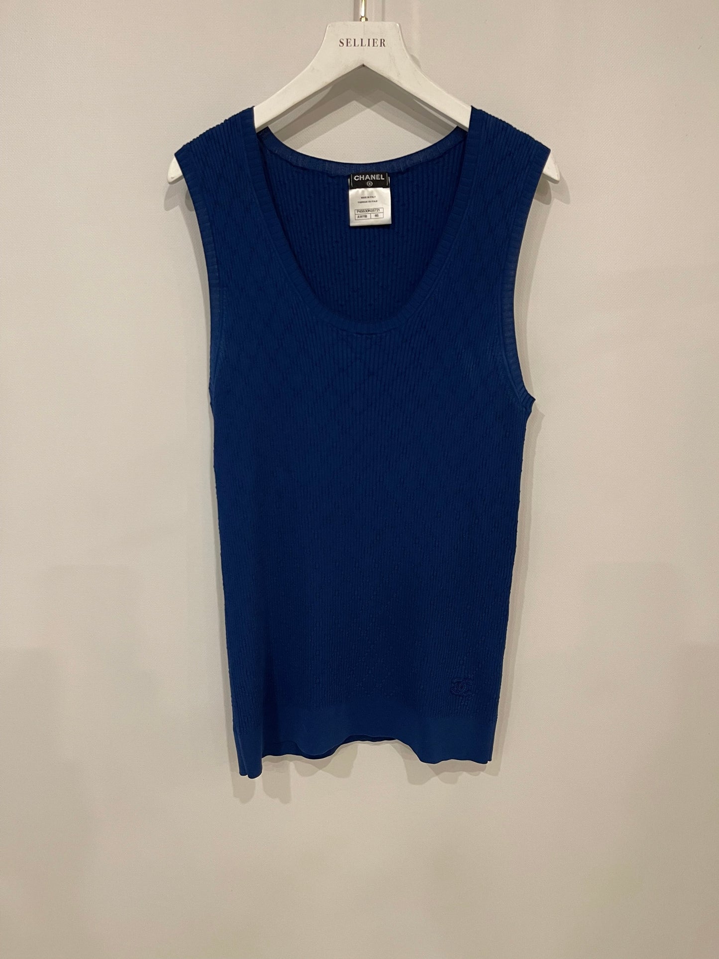 Chanel Blue Diamond Quilted Tank Top with Blue CC Logo Detail Size FR 46 (UK 18)