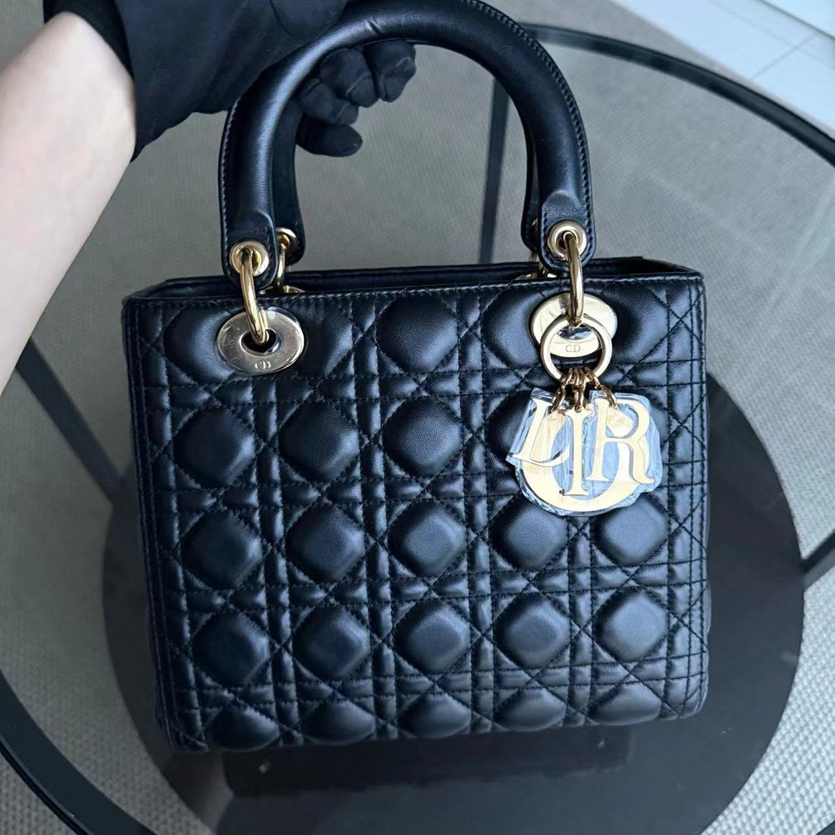 Dior Lady Medium Cannage Lambskin Black Golden Hardware