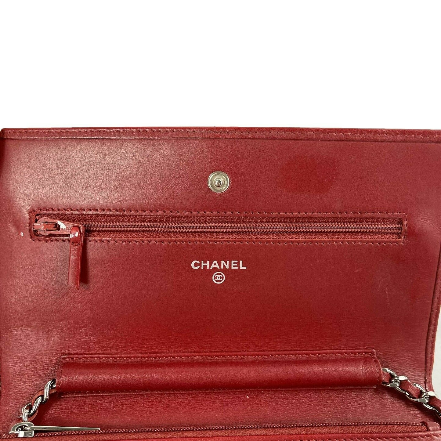 CHANEL - Calfskin Quilted Cambon Red / Silver Wallet On Chain - Crossbody