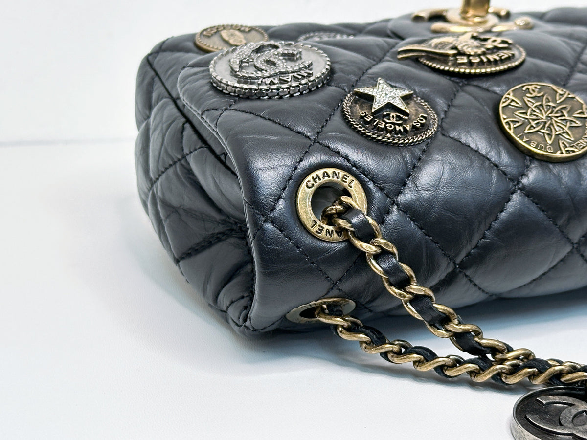 Chanel Mini Limited Edition Aged Calfskin Quilted Medallion Flap Black GHW 2063 holo card