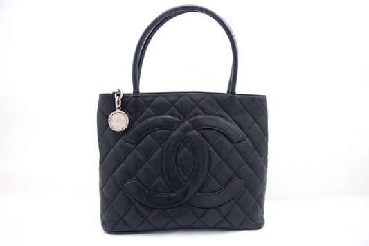 CHANEL Silver Medallion Caviar Shoulder Bag Shopping Tote Black