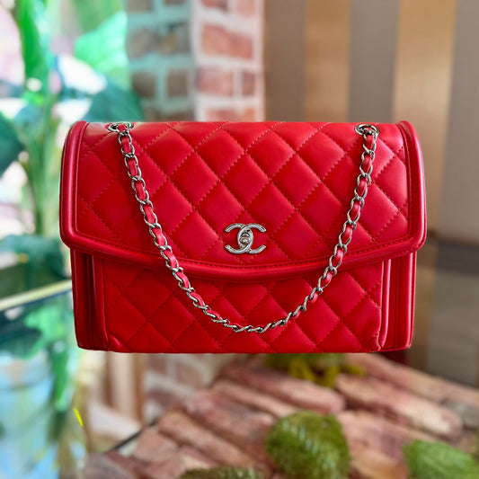 CHANEL Geometric Medium Red Lambskin Quilted Flap Bag