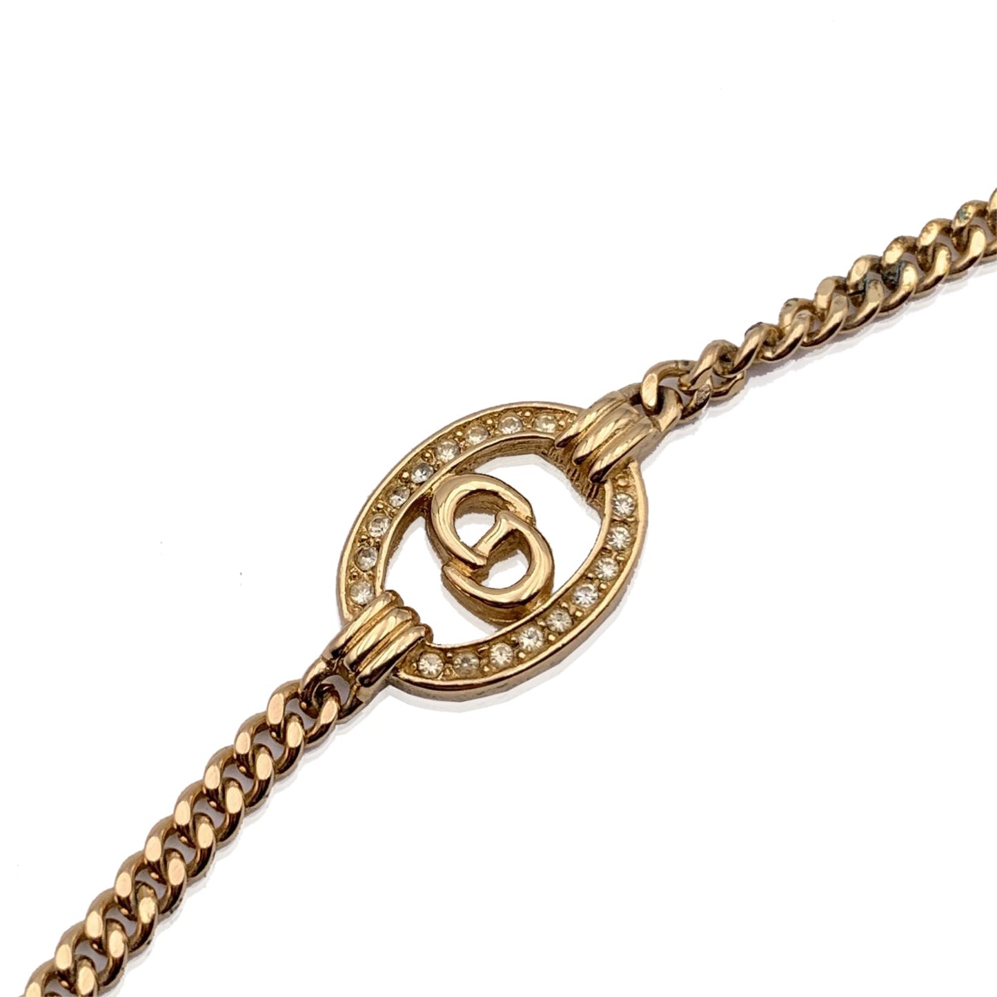 CHRISTIAN DIOR Vintage Gold Metal Cd Crystals Logo Chain Bracelet