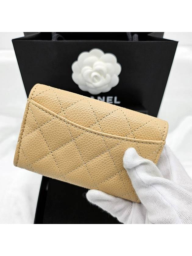 Classic Silver Logo Quilted Caviar Card Wallet Beige Chanel