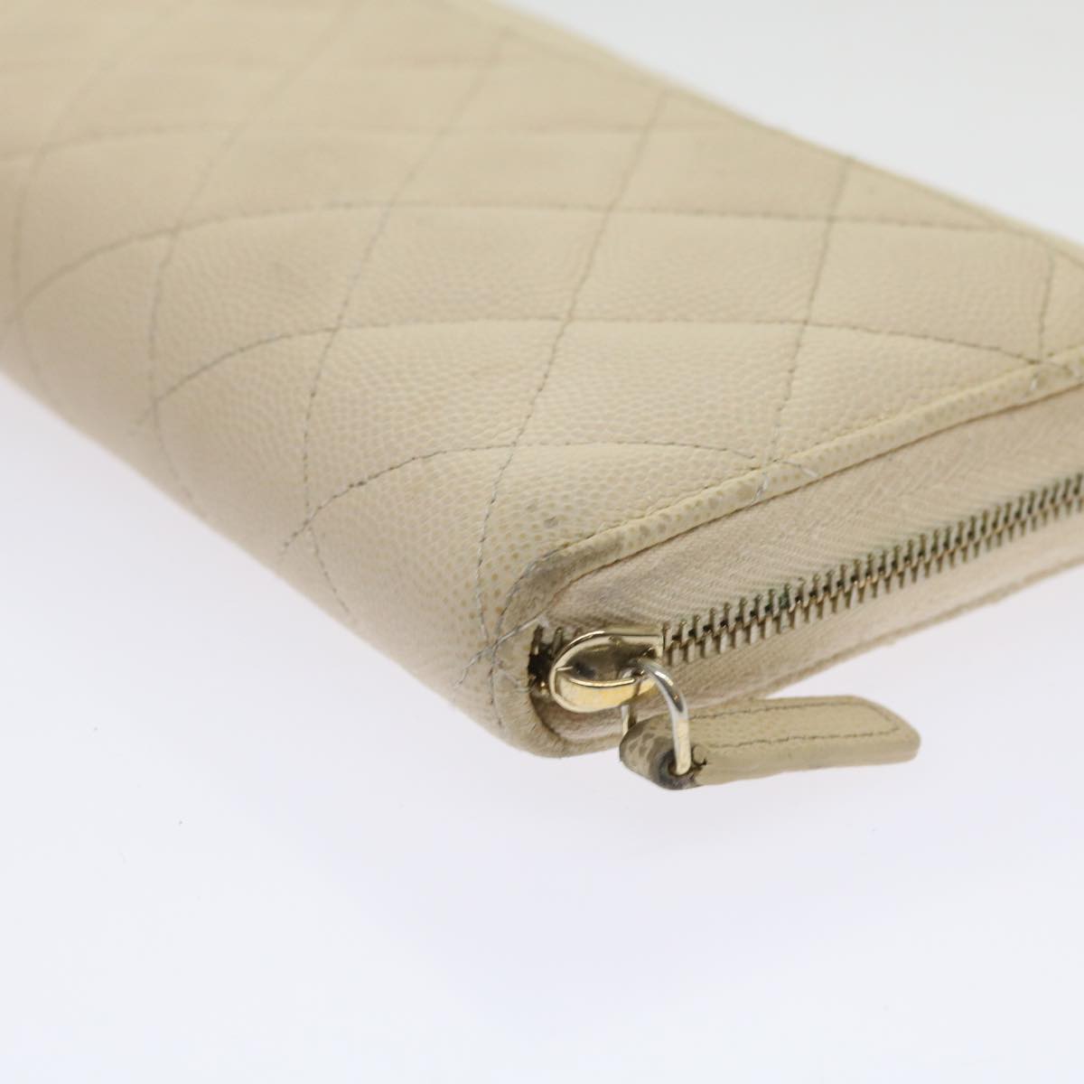Top Quality Chanel Long Wallet Caviar Skin White CC Auth 65288