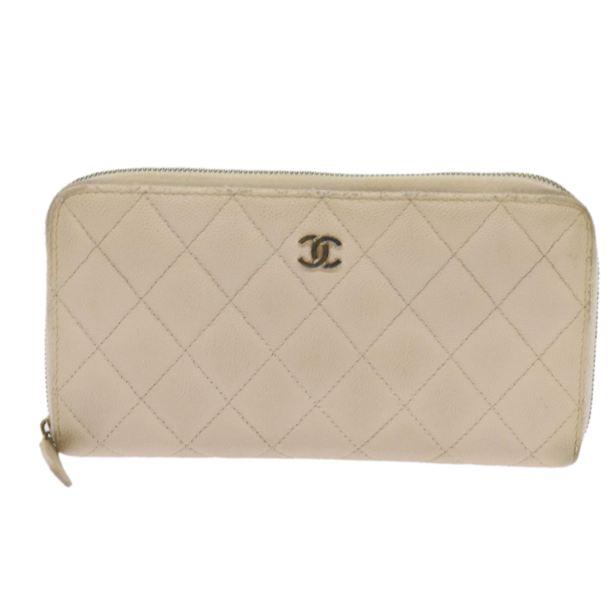 Top Quality Chanel Long Wallet Caviar Skin White CC Auth 65288