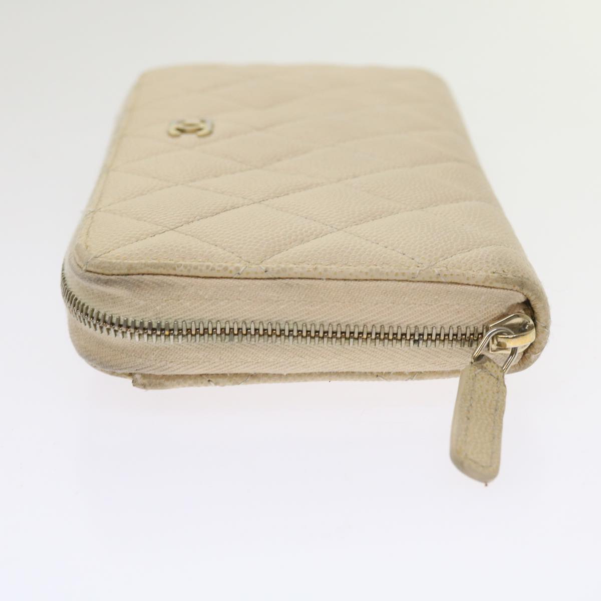 Top Quality Chanel Long Wallet Caviar Skin White CC Auth 65288