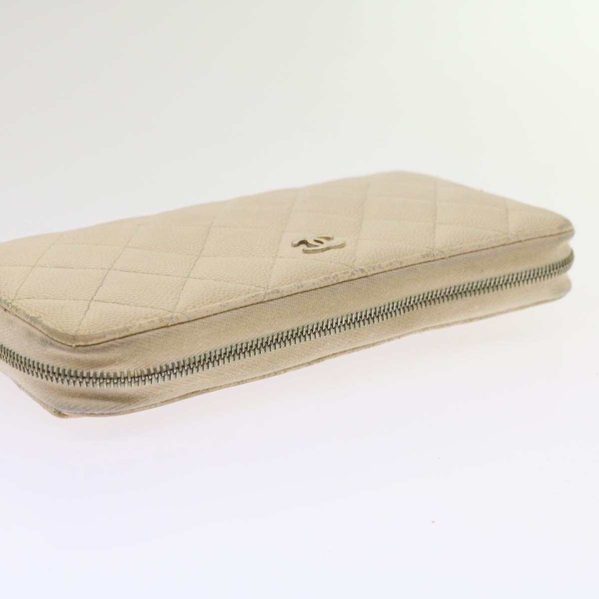 Top Quality Chanel Long Wallet Caviar Skin White CC Auth 65288