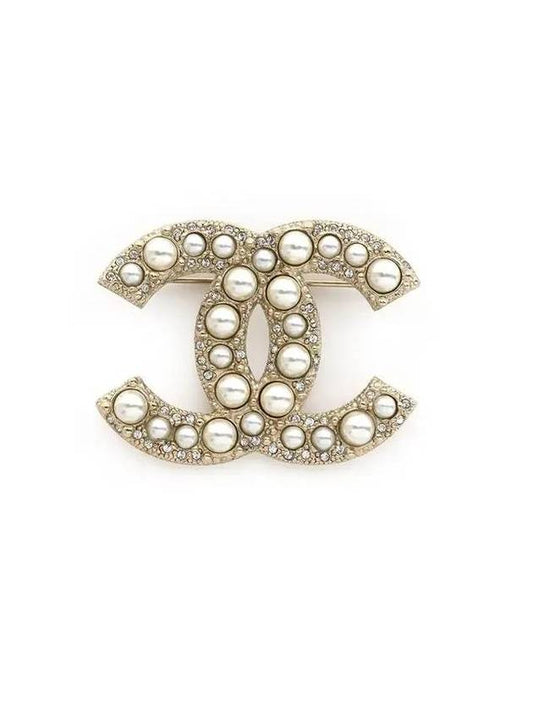 CC Logo Pearl Crystal Brooch Gold Chanel