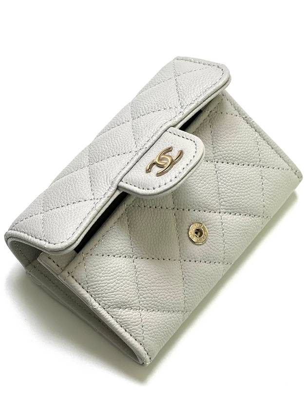 Classic Gold Logo Grained Shiny Calfskin Card Wallet Light Grey Chanel