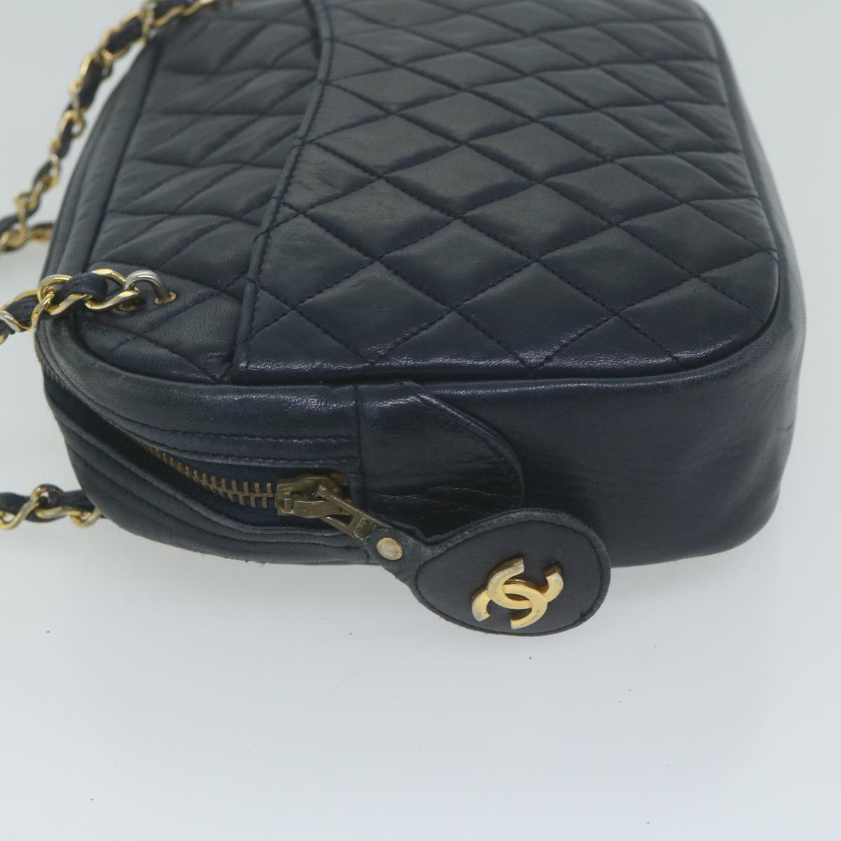 CHANEL Matelasse Chain Shoulder Bag Leather Navy CC Auth 65588