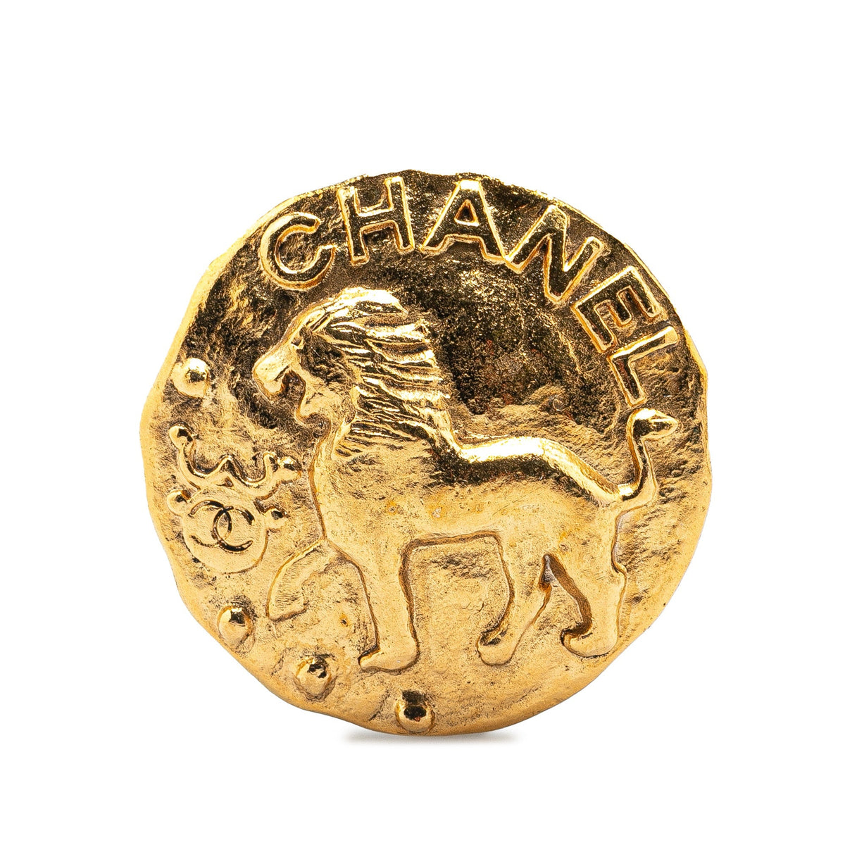 Gold Chanel Gold Plated CC Round Lion Brooch