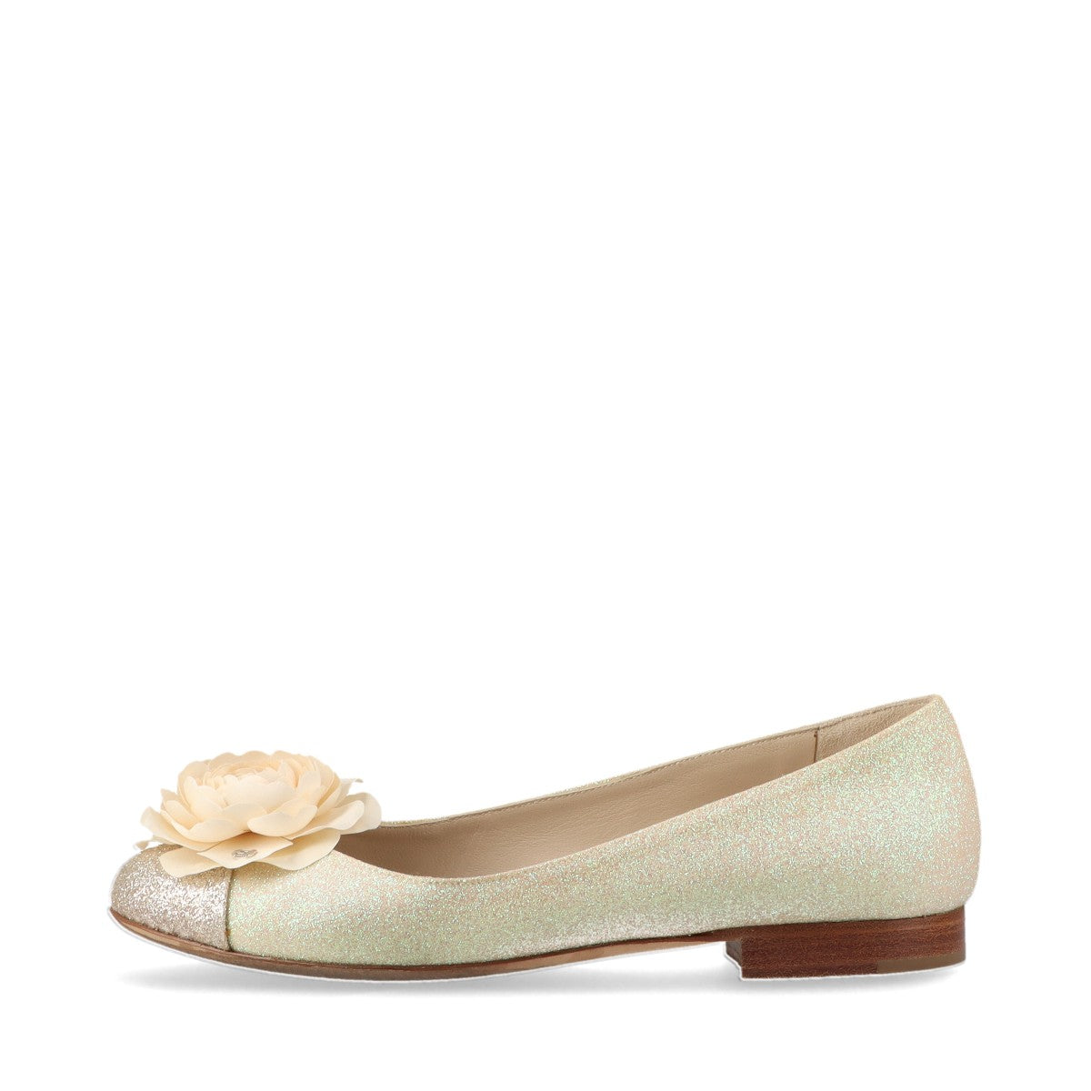 Chanel Coco Leather  Glitter Flap Pump 36C  Silver × Ivory G29019 Camelia ar
